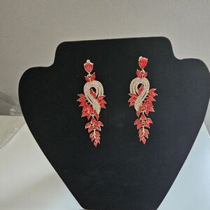 New Red and Gold Leaf Rhinestone Boho Fashion Earrings | Gift | Party